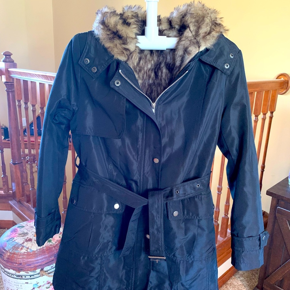 NWOT’s Black Trench Coat with Zip-Out Faux Fur Lining